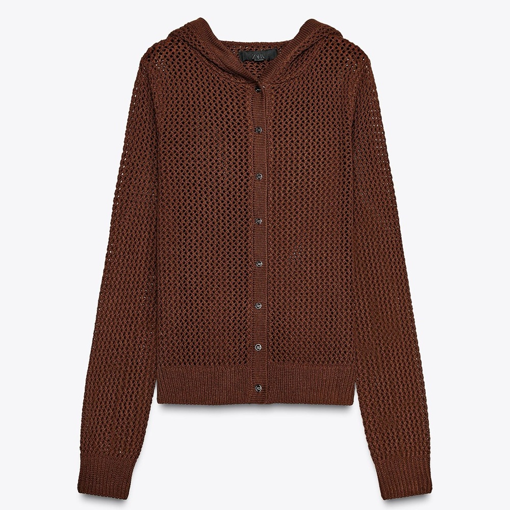 Zara open knit Womens Chocolate Brown Cardigan with hood